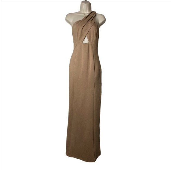 NEW Lovers + Friends Stacey Cut Out High Neck Side Slit Dress Camel Brown Size S - Picture 2 of 2